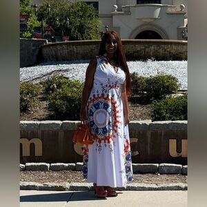 Elegant White, Orange and Blue Maxi Dress
